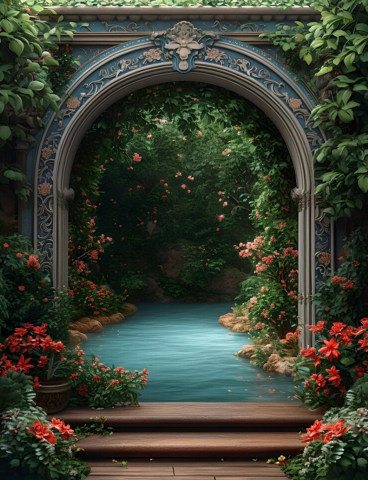 Majestic Garden Archway con estanque tranquilo Sereno exuberante romántico paisaje natural papel tapiz para el hogar