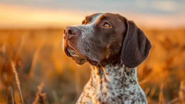 Majestic German Shorthaired Pointer Dog mirando el amanecer en el campo dorado Retrato canino en la naturaleza