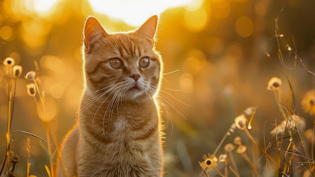 Majestic Ginger Cat em luz dourada do pôr-do-sol em meio à natureza com fundo desfocado