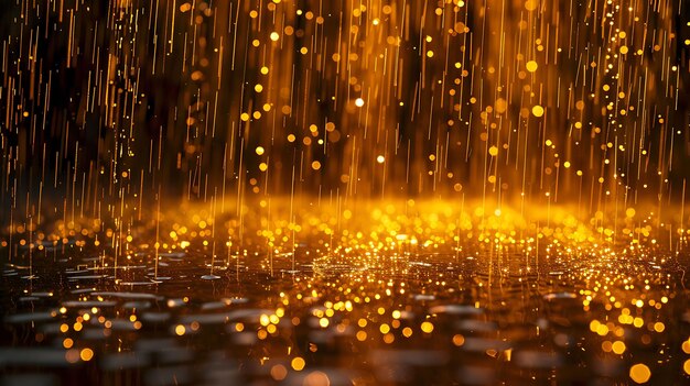 Majestic Glowing Golden Rain com partículas brilhantes e Yell Glowing Y2K Collage Neon Background