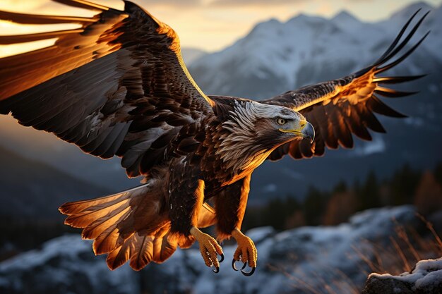 Majestic golden eagle fliegen über Gipfel und Wald in der Dämmerung generative IA