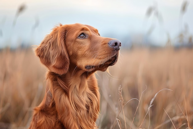 Majestic Golden Retriever contemplando en un sereno campo de otoño Los tonos cálidos mejoran la elegancia de los perros