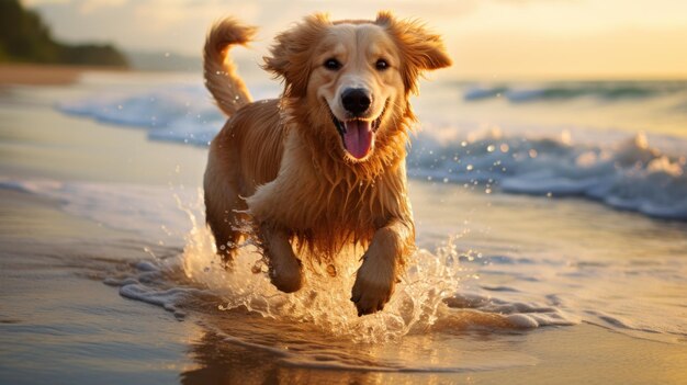 Foto majestic golden retriever correndo na praia