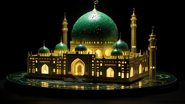 Majestic Green Dome Mosque Model Iluminado Símbolo da Arquitetura Islâmica em Fotografia de Stock