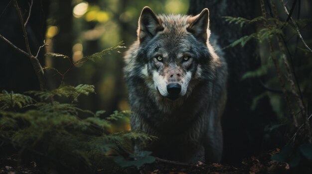 Foto majestic grey wolf in enchanting forest fotografia cativante