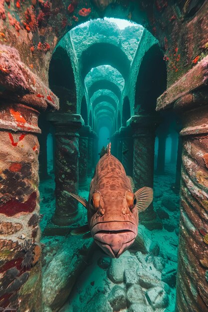 Foto majestic grouper fish nadando en un naufragio iluminado por el sol escena submarina con crecimiento de coral y océano