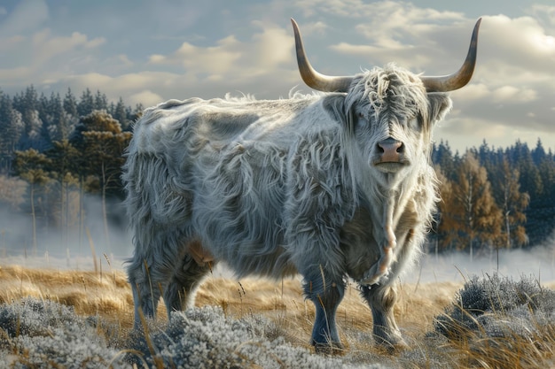 Majestic Highland Cow em uma paisagem de inverno gelado com nascer do sol dourado e fundo florestal