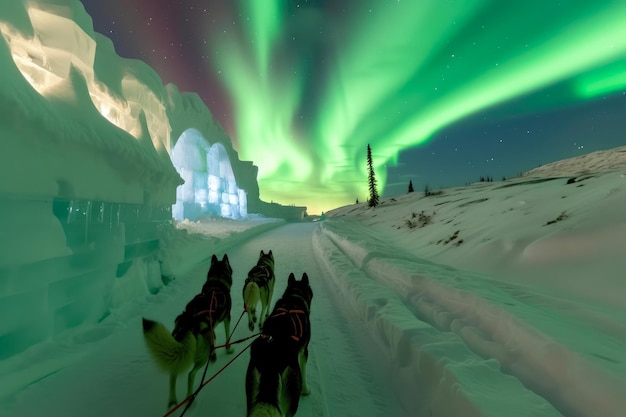 Majestic Husky Sleigh Viagem sob o céu Aurora