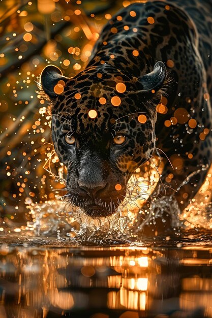 Foto majestic jaguar movendo-se através da água com gotículas brilhantes e efeitos de luz bokeh em natural