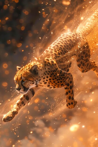 Majestic Leopard Sprint mit intensivem Fokus, das ein feuriges Leuchten inmitten von funkelnden Partikeln ausstrahlt