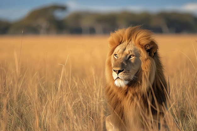 Majestic Lion pesquisando as planícies ao anoitecer