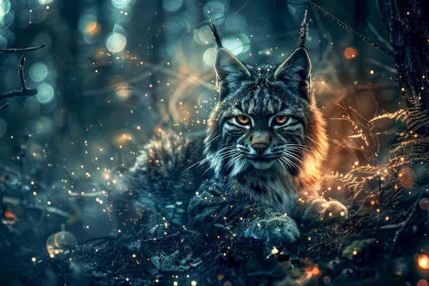Majestic Lynx in einem mystischen Wald mit glitzernden Lichtern Ethereal Wildlife Scenery mit einem