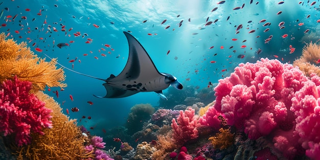 Majestic manta ray nadando graciosamente em um recife de coral vibrante beleza subaquática ecossistema biodiversidade capturado em um único momento cena de vida marinha idílica perfeito para os amantes da natureza AI