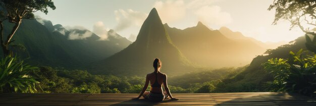 Majestic Morning Practice Yoga con el telón de fondo de las montañas tropicales