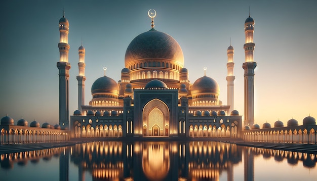 Majestic Mosque Reflexão sobre a Água no Crepúsculo Grandeura arquitetônica e Serenidade