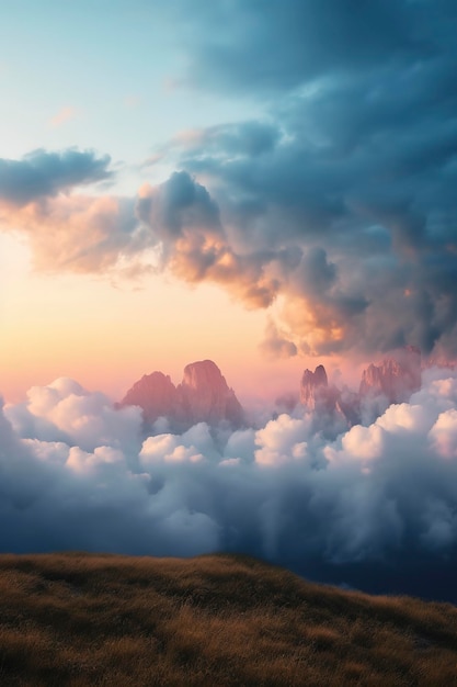Foto majestic mountain sunset cielo impresionante con nubes rodantes generado por la ia
