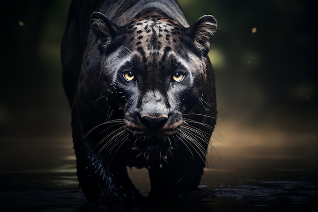 Majestic Panther Front View em fundo preto Ilustração de animais selvagens IA generativa