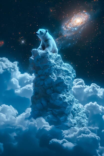 Majestic Polar Bear sitzt auf einer schneebedeckten Klippe unter einem sternenreichen Nachthimmel mit Galaxy View Fantasy