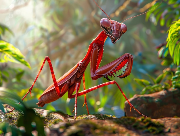 Majestic Praying Mantis em Floresta Iluminada Detalhe de Inseto Exótico em Habitat Natural