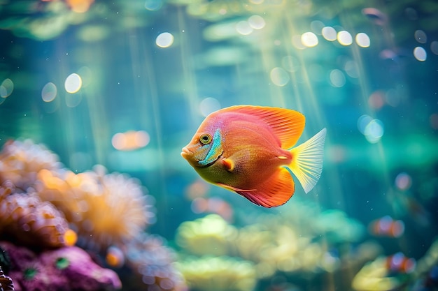 Majestic sailfin tang nadando em um ambiente de recife de coral prístino