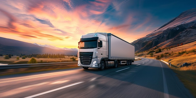 Majestic SemiTruck na rodovia da montanha ao pôr-do-sol