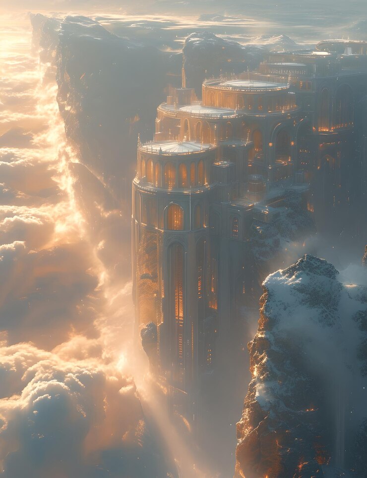 Majestic Skyward Cityscape mit etherischen Wolken Futuristische Architektur Serene Atmosphäre Scenic