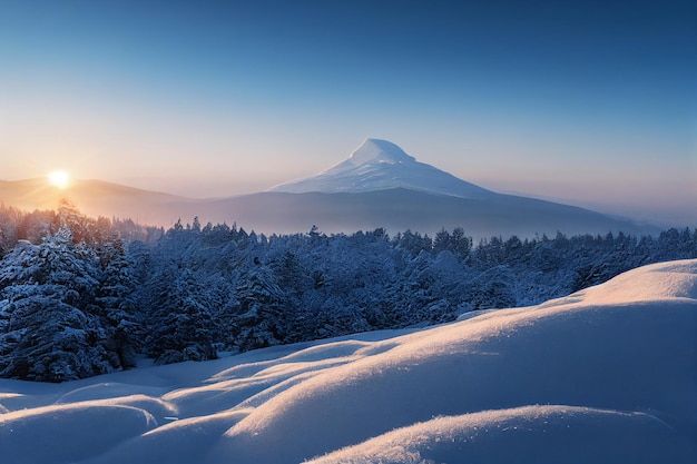 Majestic snowy mountain peak e winter forest no sunrise 3d art work background