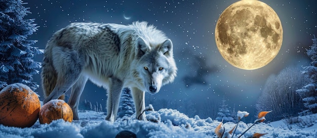 Majestic Solitude Primer plano de un misterioso lobo blanco de pie en un paisaje nevado bajo una gran luna llena