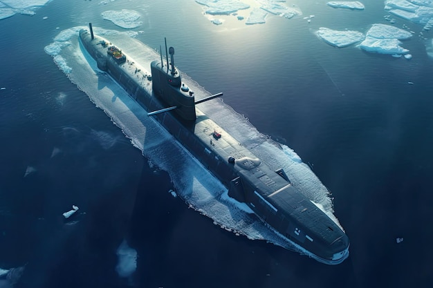 Majestic submarino militar nuclear en las aguas del norte del Ártico Una vista aérea