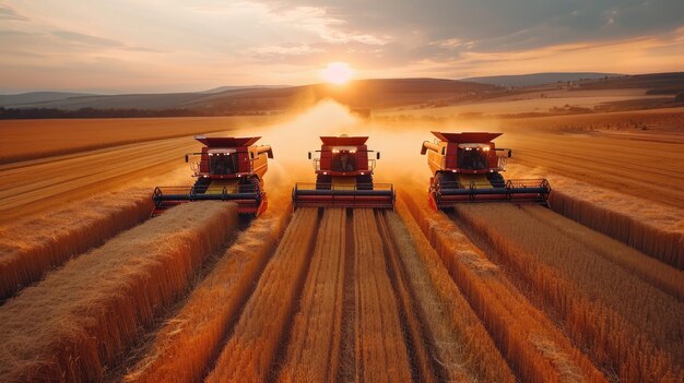 Majestic Sunset Harvest Combines trabajando en el campo de trigo dorado