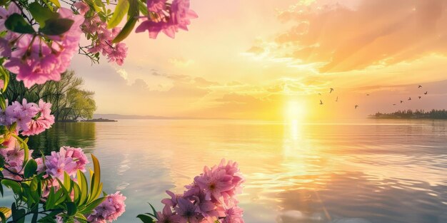 Majestic Sunset Over Lake With Pink Flowers Inteligência Artificial Geradora