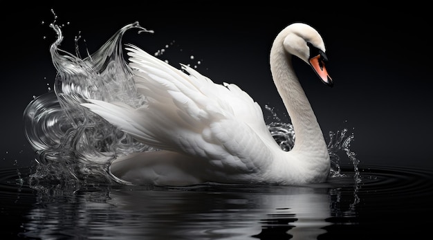 Majestic Swan en vuelo Una pieza de arte digital surrealista con efecto de salpicaduras de agua en un fondo negro