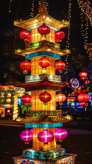 Majestic Tiered Pagoda Lantern Tower in der Nacht