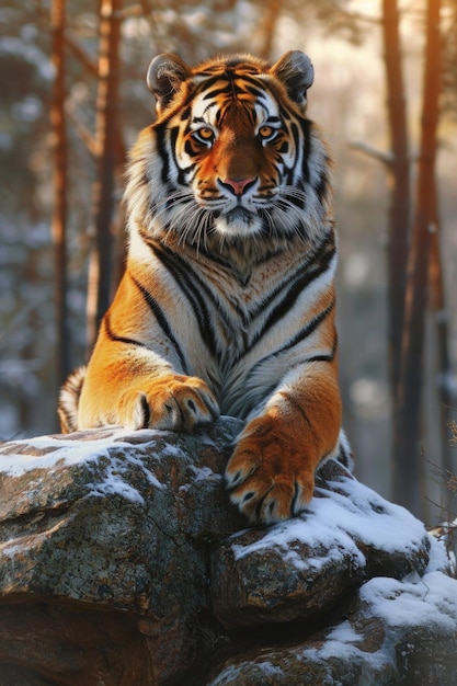 Majestic Tiger Atop Stone Amber Eyes na floresta de inverno dourada iluminada pelo sol com pele laranja vibrante e listras pretas ousadas contra densos pinheiros
