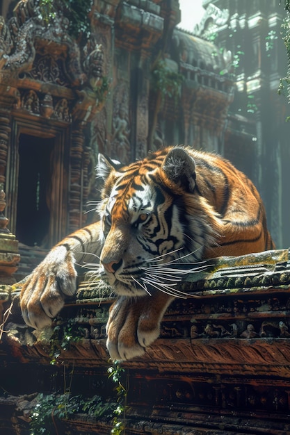 Majestic Tiger descansando em ruínas de templos antigos em um cenário de selva nebulosa