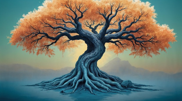 Majestic Tree with Orange Leaves and Blue Trunk in a Scenic Landscape