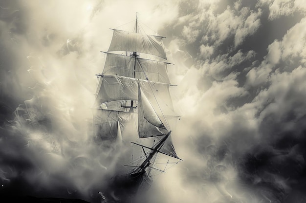 Majestic Vintage Segelboot in nebligen Gewässern Monochrome Nautical Seascape Dramatisches Segelabenteuer