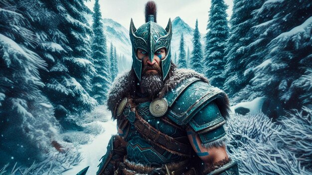 Majestic Warrior in Snowy Wilderness Fantasy Armor Intense Gaze (Guerreiro majestoso no deserto nevado)