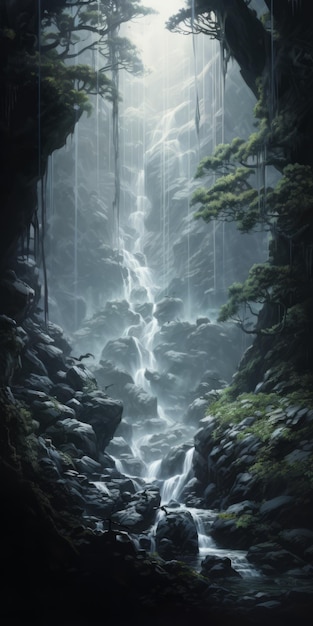 Majestic Waterfall In Dark Forest Mahiro Maeda inspirou o conceito de arte