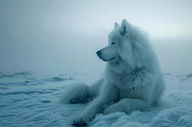 Majestic White Samoyed Dog deitado em uma paisagem nevada durante o crepúsculo de inverno