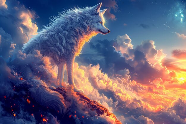 Majestic White Wolf in einem mystischen Wald mit glühenden Elementen Fantasy-Landschaft mit sternenreichen Himmel