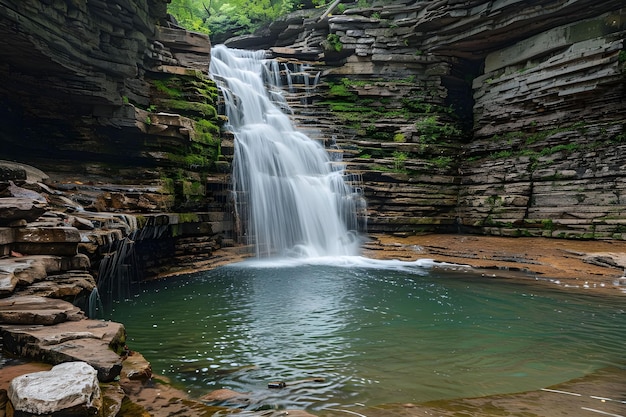 Foto majestica cachoeira em cascata sobre camadas rochosas