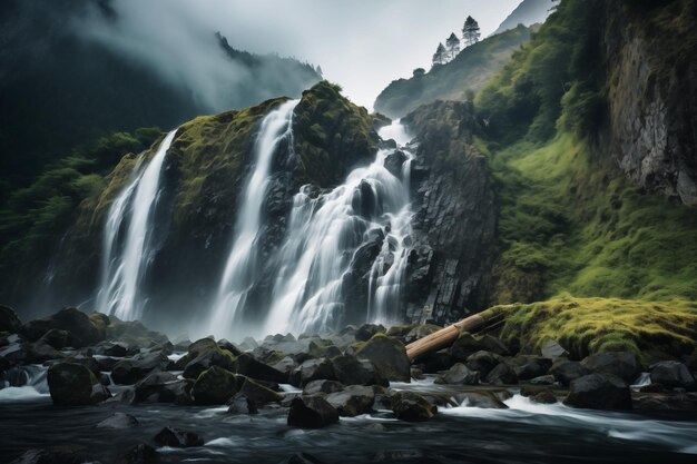 Majestica cascada que cae en cascada por un exuberante acantilado de niebla con rocas en primer plano
