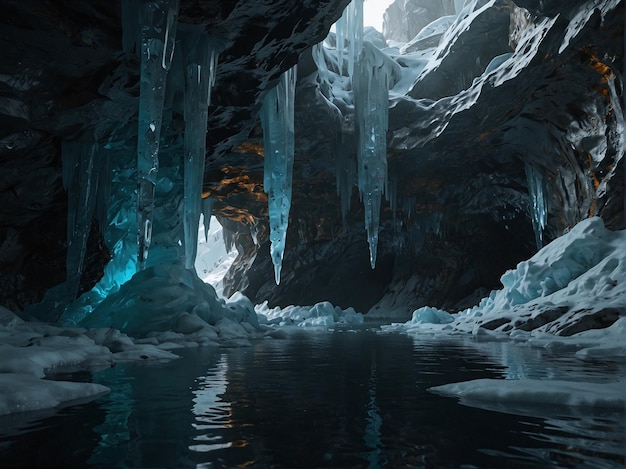 Majestica cascada que desemboca en el lago subterráneo de una cueva de montaña