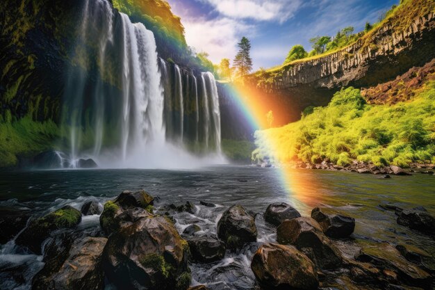 Majestica cascada rodeada de exuberante vegetación con un impresionante arco iris que se forma en la niebla al atardecer