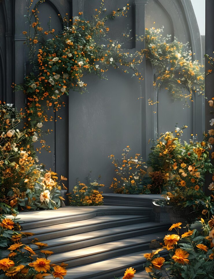 Majestica entrada al jardín con flores de naranja y hiedra Sereno escenario para papel tapiz o fondo