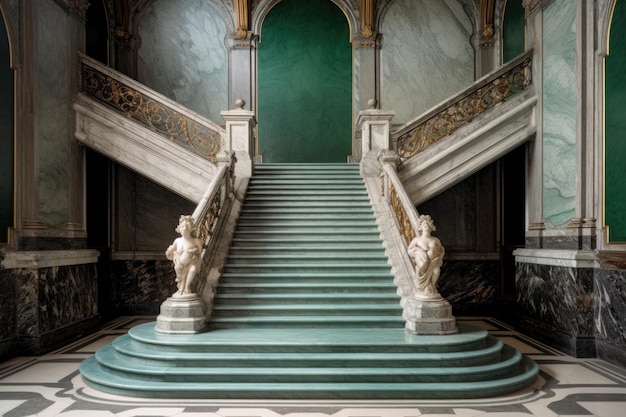 Foto majestica escalera de mármol con barandilla revestida de terciopelo creada con ai generativo