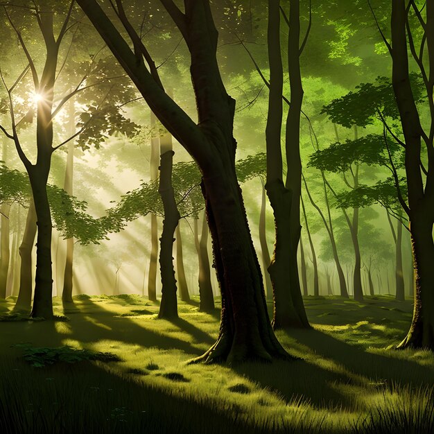 Majestica escena del bosque estilo realista vegetación exuberante luz del sol filtrando a través de los árboles tranquilo alto detalle