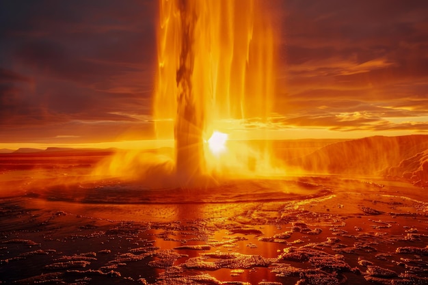 Majestica escena de la cascada al atardecer con rayos de luz dorada y cascada de agua brumosa en un ambiente natural