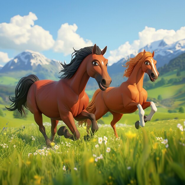 Foto majestica escena de dibujos animados en 3d caballos graciosos galopando en el campo abierto